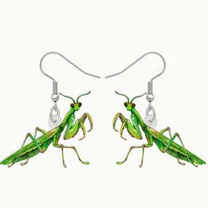 Acrylic Double-Sided Print Green Praying Mantis Earrings, Insect Drop Earrings